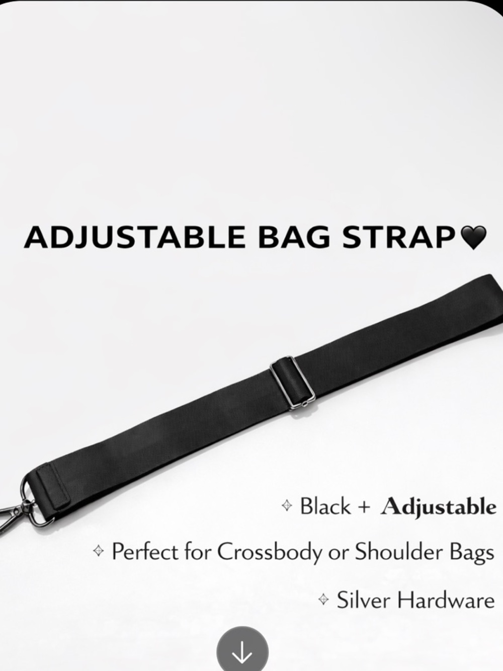 Adjustable Black Bag Strap with Silver Hardware